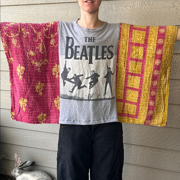 Upcycled Tops - Beatles Upcycled Kantha Tunic Top Kimono Shirt OS Handmade Bohemian Hippie